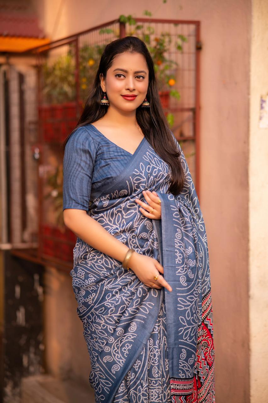 Grey Silk Blend Ajrak Saree with Unstitched Blouse - Hiral Fashion | Swadesiicart