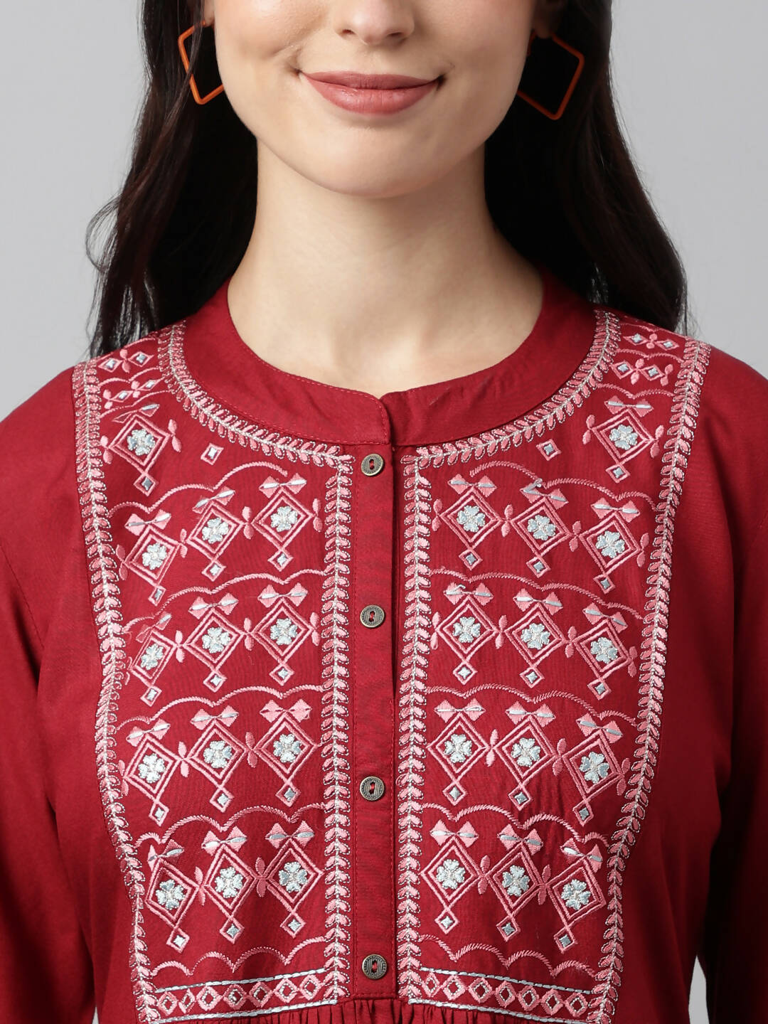 Red Rayon Yoke Embroidered A-line Top - Tarini - Swadesiicart