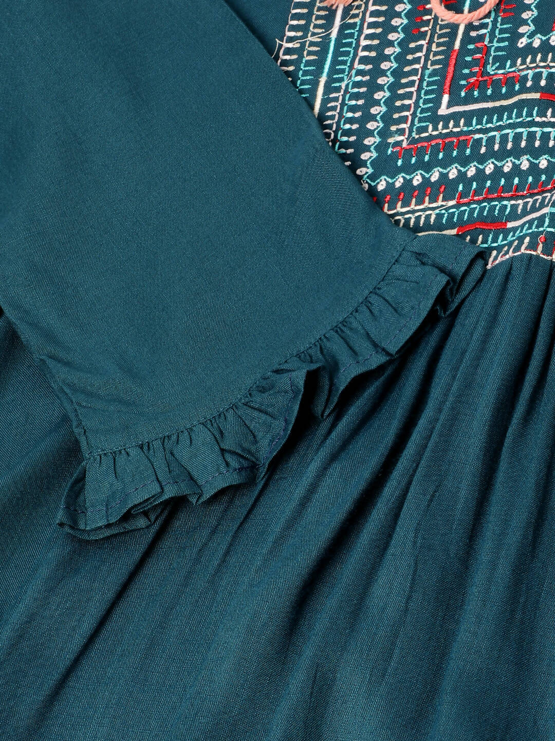Teal Rayon Yoke Embroidered A-line Top - Tarini - Swadesiicart