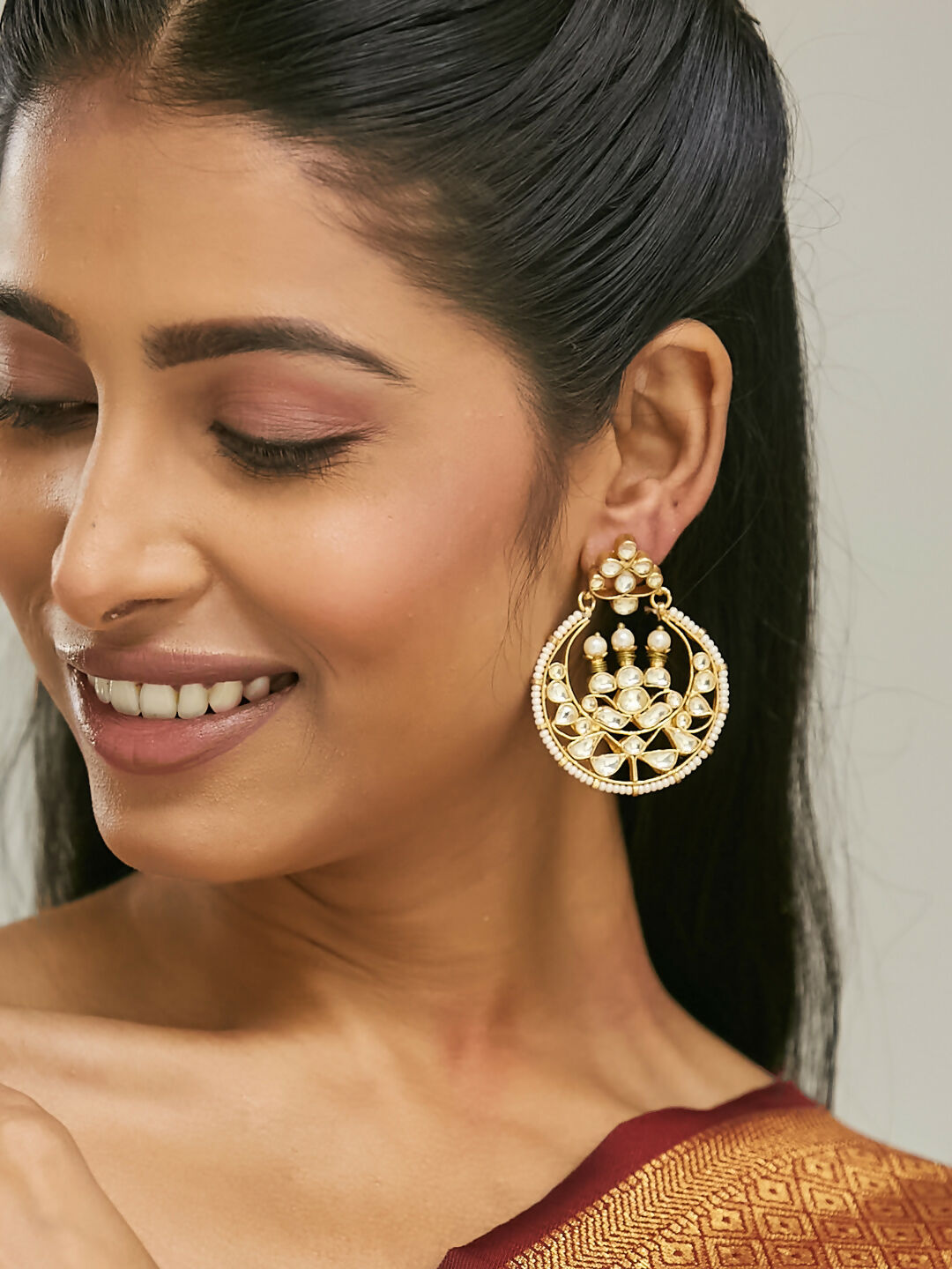 Nuyug 22K Gold-Plated Elegant Kundan Stone Studded & Pearl Beaded Chandbalis | Swadesiicart
