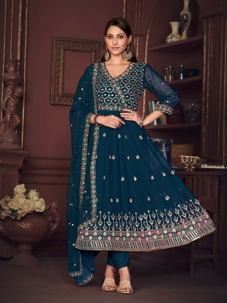 Jyoti Fashion Women's Rama Georgette Embroidered Anarkali Kurta Pant Set With Dupatta | Swadesiicart