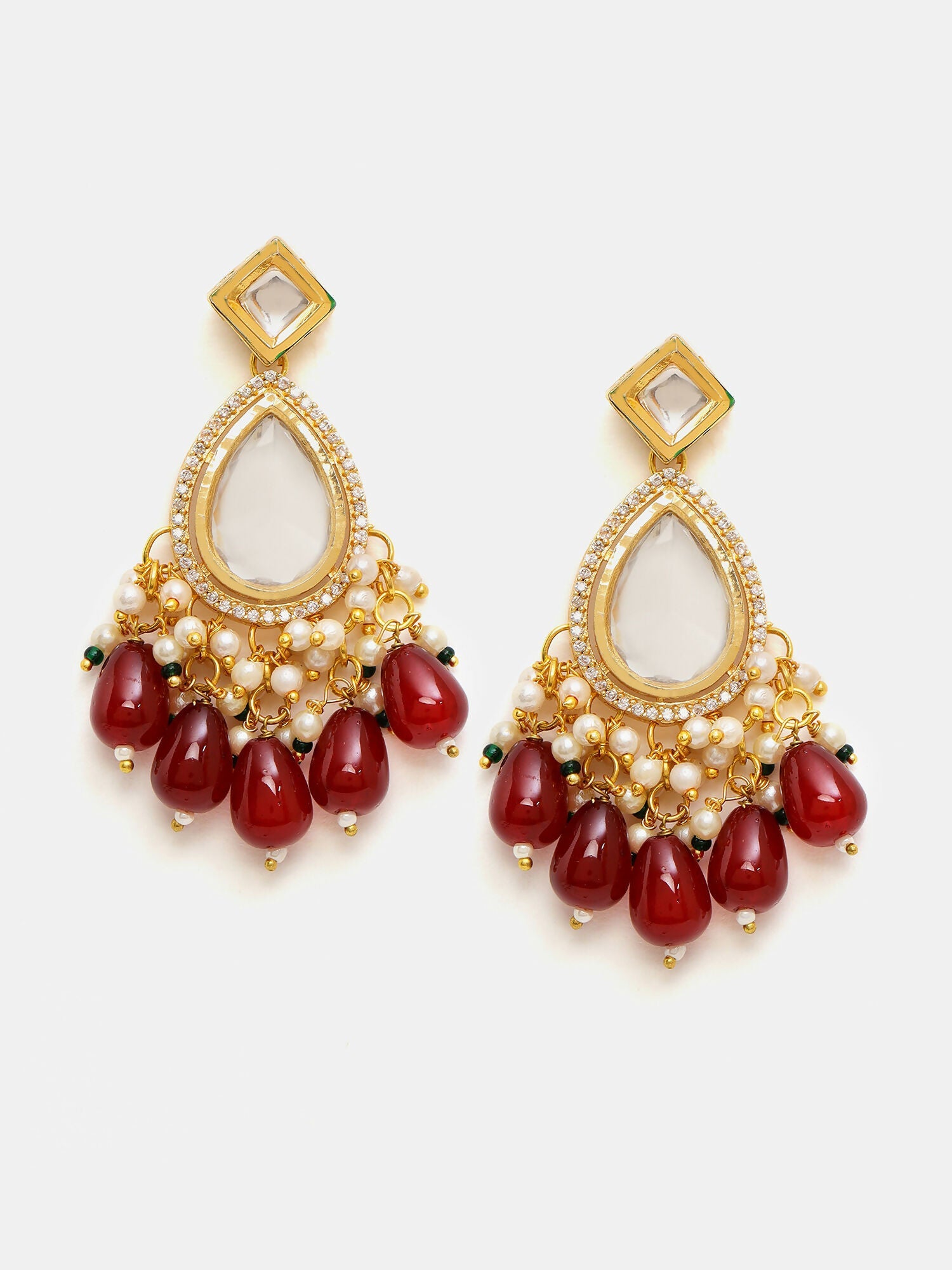 Ruby Raang Gold Polished Kundan Earrings With Maroon Stones | Swadesiicart
