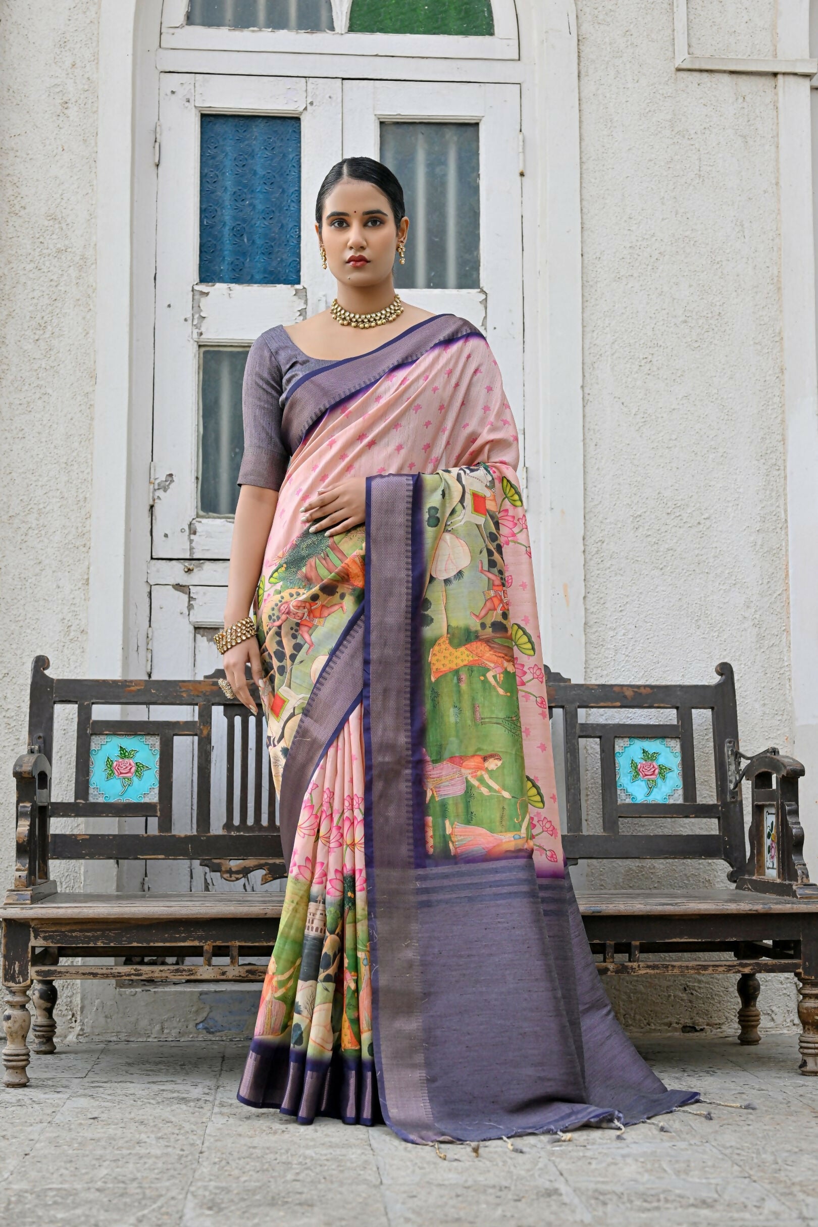Vishnu Weaves Women's Purple Soft Tussar Silk Saree with Blouse - Swadesiicart