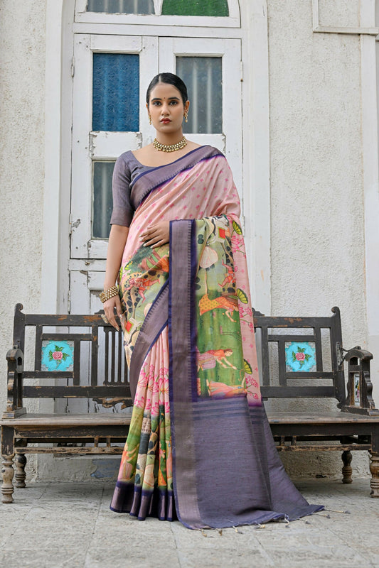 Vishnu Weaves Women's Purple Soft Tussar Silk Saree with Blouse - Swadesiicart