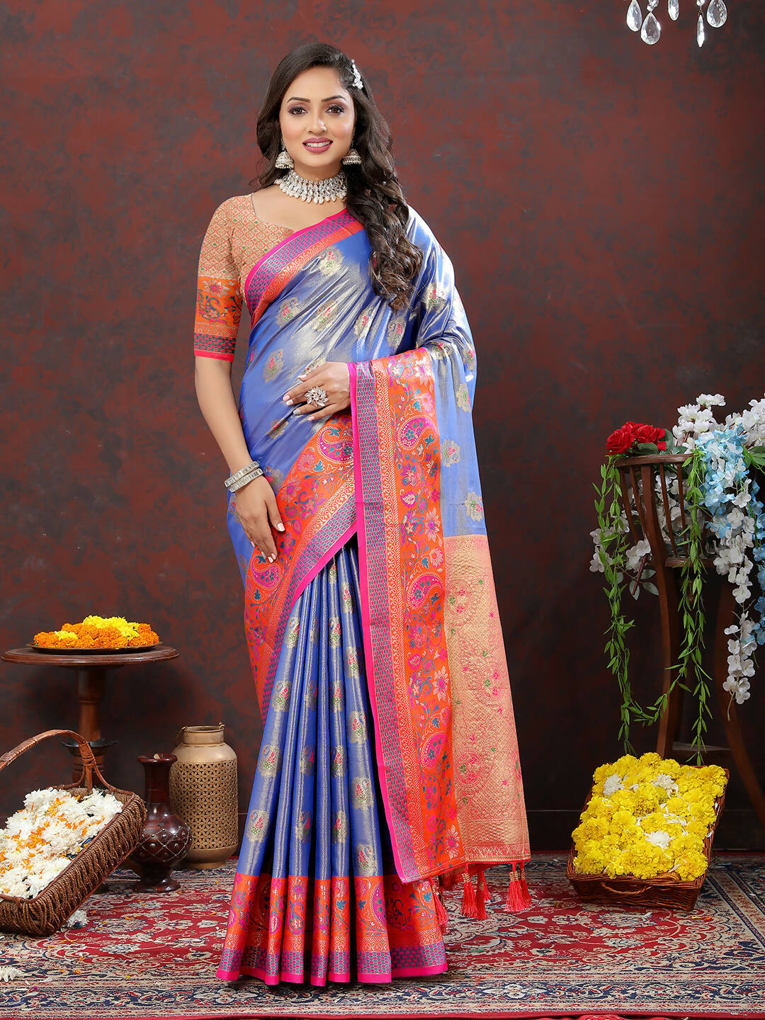 Lorenvalley Fashion Lavender Kanjivaram Silk Woven Design with Zari Weaving Saree - Swadesiicart