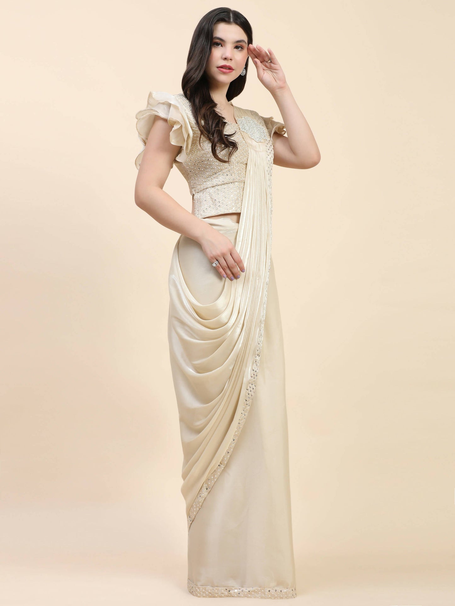 Beige Silk Satin Sequence Work Ready to Wear Saree with stitched Blouse - Nirvana | Swadesiicart