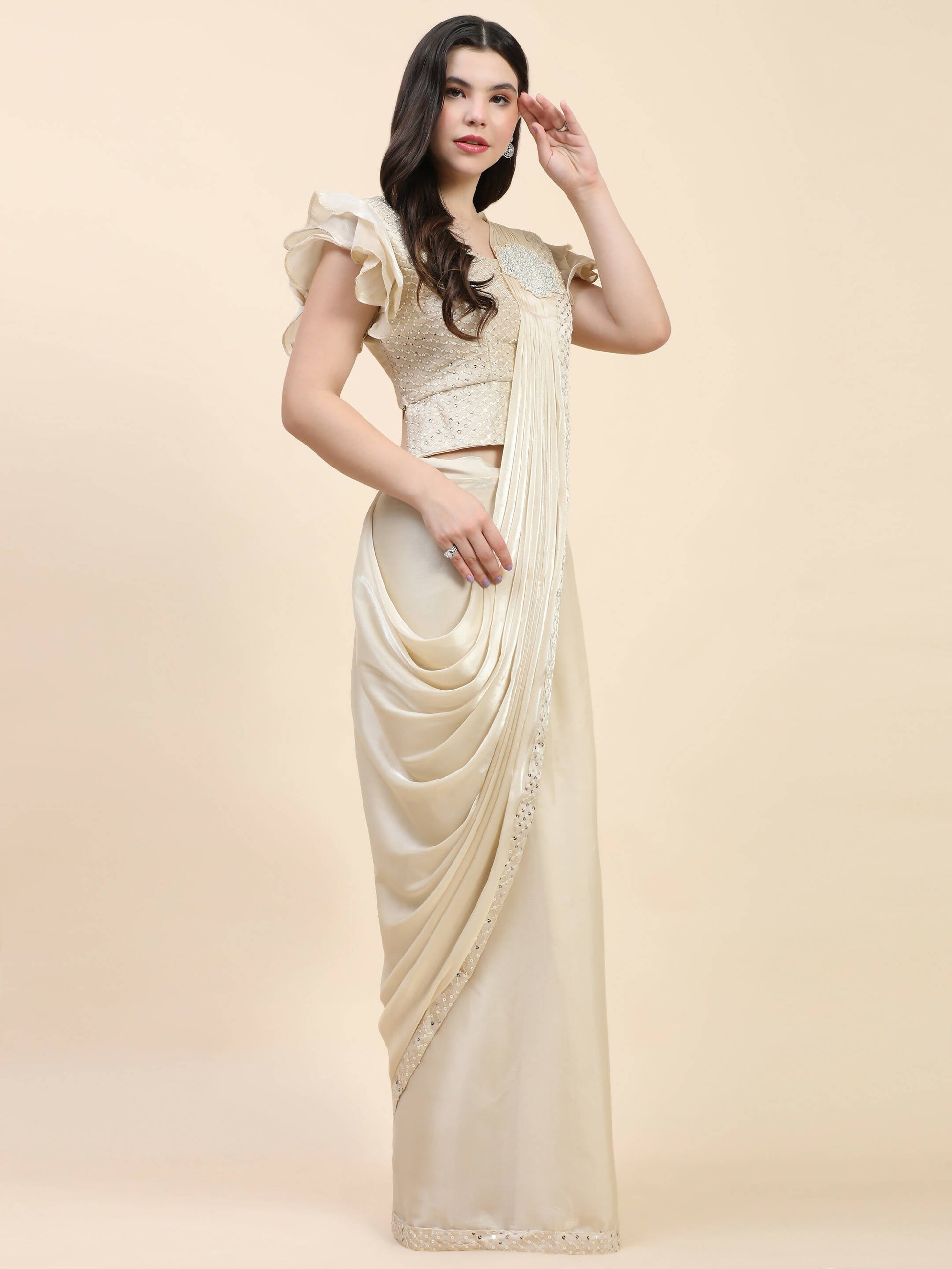 Beige Silk Satin Sequence Work Ready to Wear Saree with stitched Blouse - Nirvana | Swadesiicart