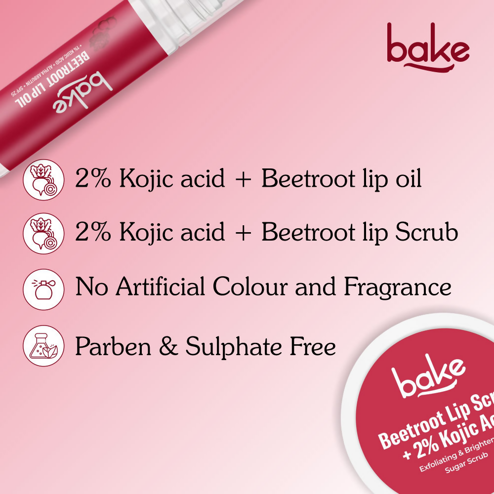 Bake Kojic Acid Beetroot Lip Kit With Lip Balm SPF 25 & Lip Scrub For Dark & Pigmented Lips | Swadesiicart