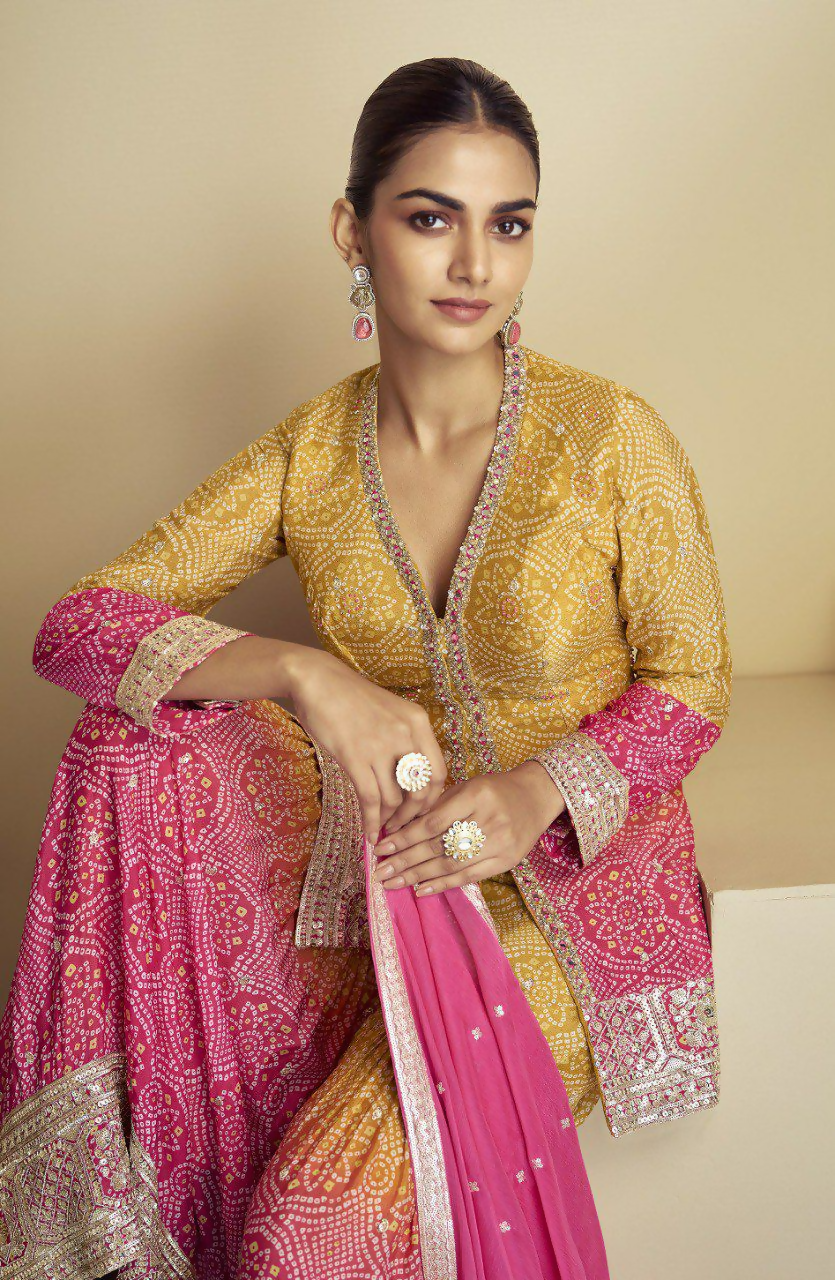 Lorenvalley Fashion Yellow and Pink Chinon Embroidery With Sequince Work Salwar Kameez Stitched | Swadesiicart