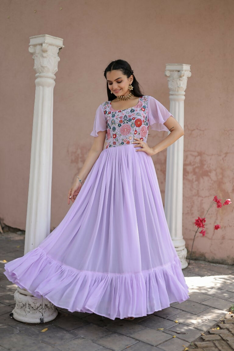 Jyoti Fashion Women's Purple Sequins Thread Embroidery Faux Georgette Anarkali Dress | Swadesiicart