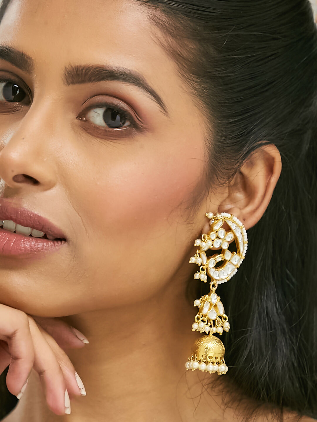 Nuyug 22K Gold-Plated Elegant Kundan Stone Studded & Pearl Drops Mini Jhumki Dangler Earrings | Swadesiicart