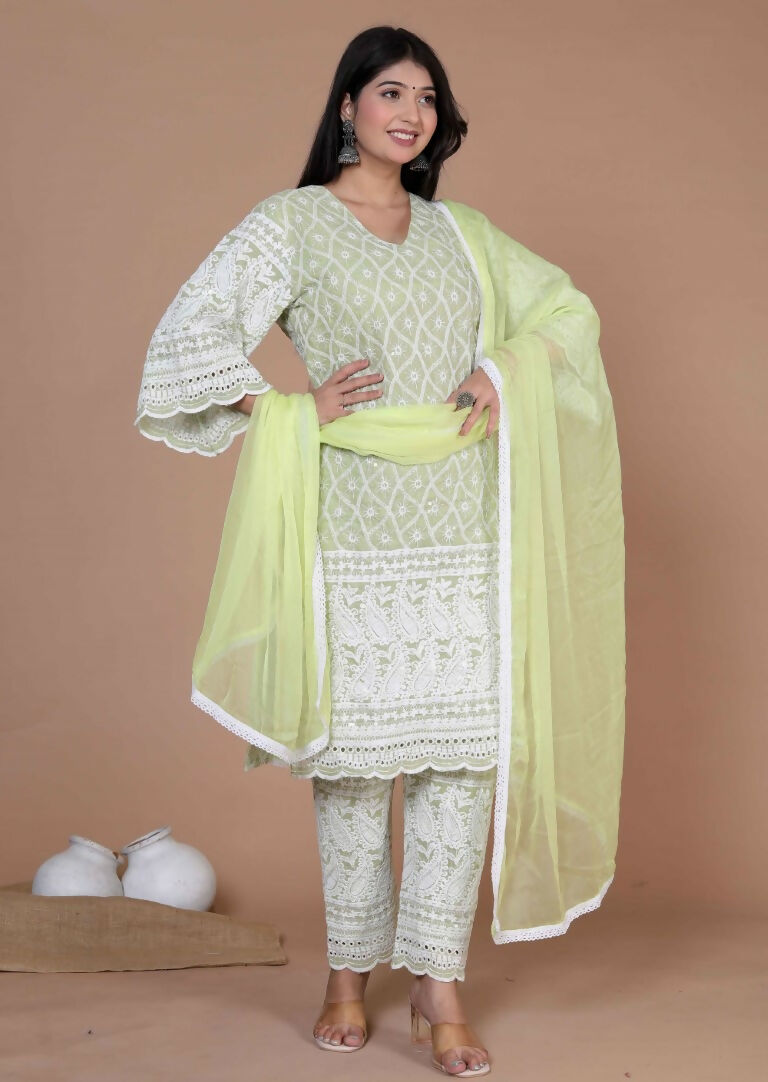 Miravan Women's Chikankari Embroidery Kurta And Palazzo With Dupatta | Swadesiicart
