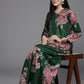 Ahalyaa Women Floral Printed Velvet Tunic with Palazzos - Green Color | Swadesiicart