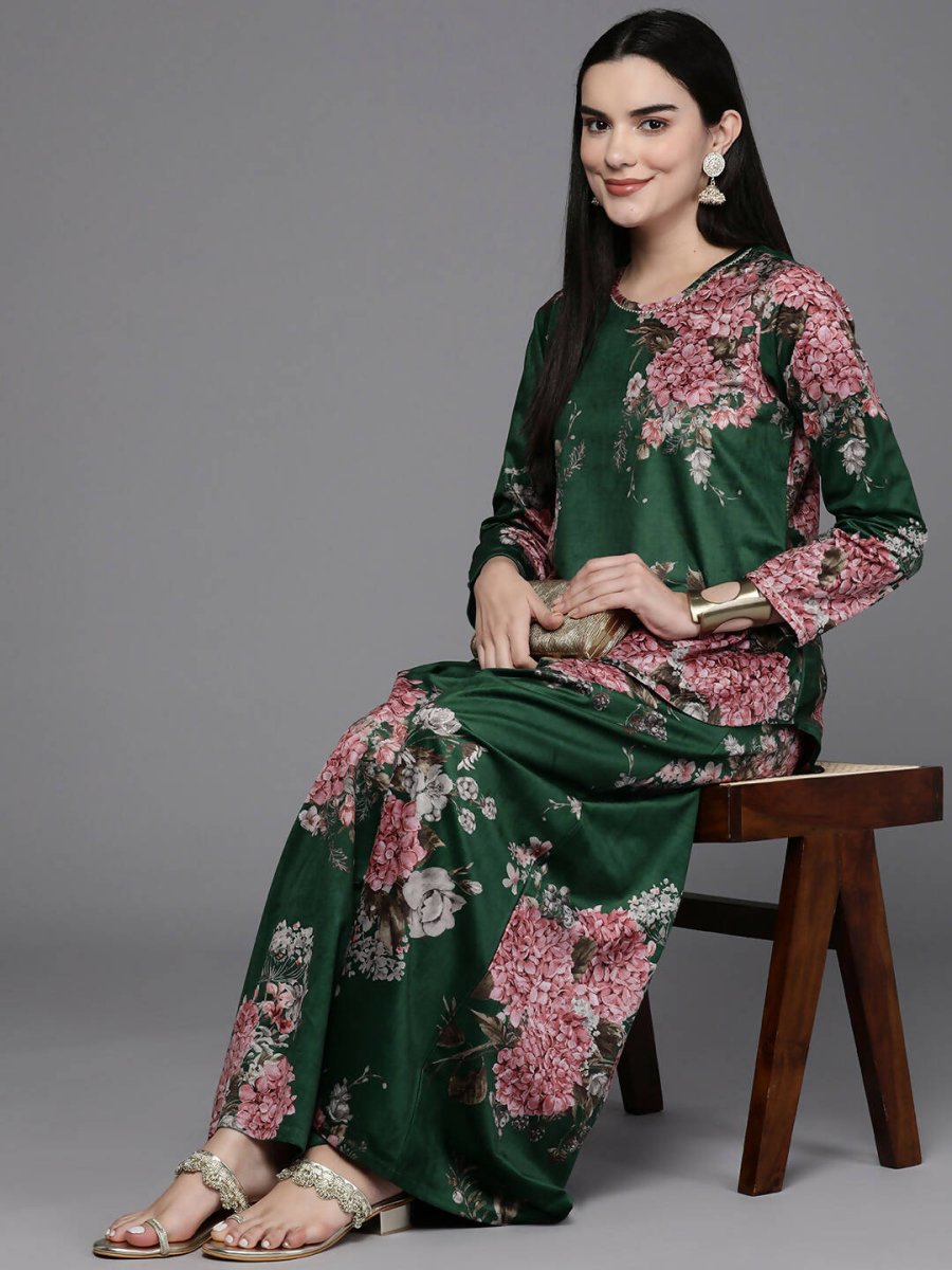 Ahalyaa Women Floral Printed Velvet Tunic with Palazzos - Green Color | Swadesiicart