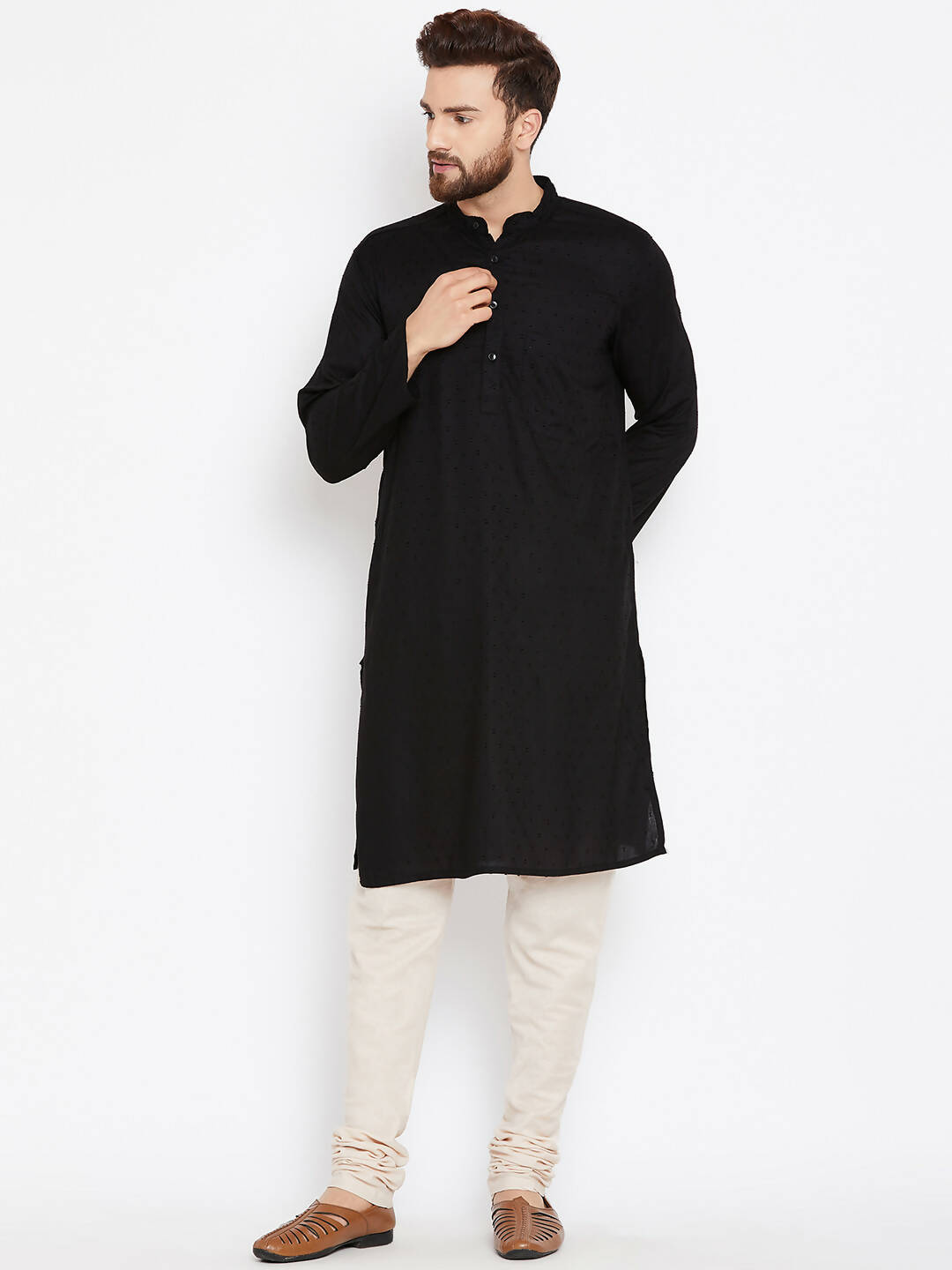 Even Apparels Black Pure Cotton Band Collar Men's Kurta | Swadesiicart