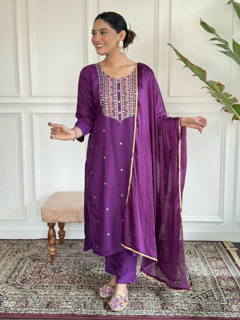 Purple Rayon Slub Stitched Suit With Dupatta - Tanisha | Swadesiicart