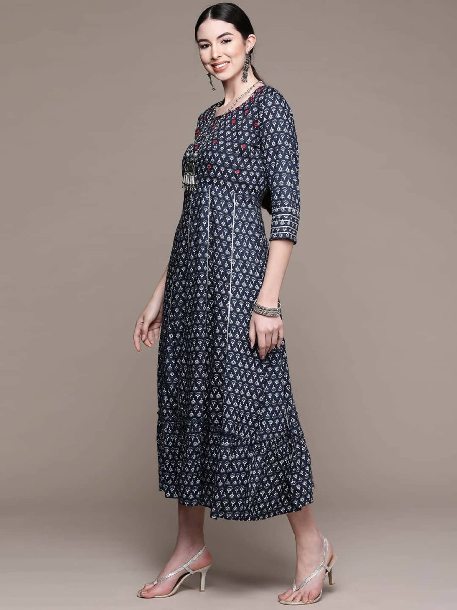 Anubhutee Women's Viscose Rayon Navy Blue Printed Ethnic Dress | Swadesiicart