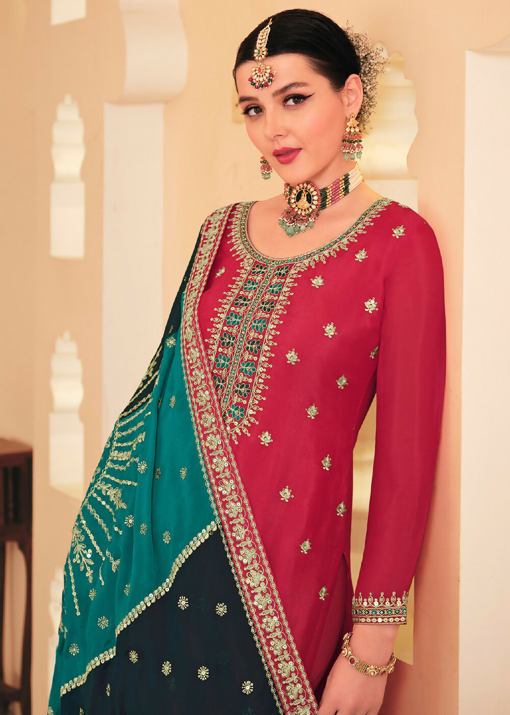 Dazzling Red Embroidered Chinnon Palazzo Salwar Kurta - Emponline | Swadesiicart