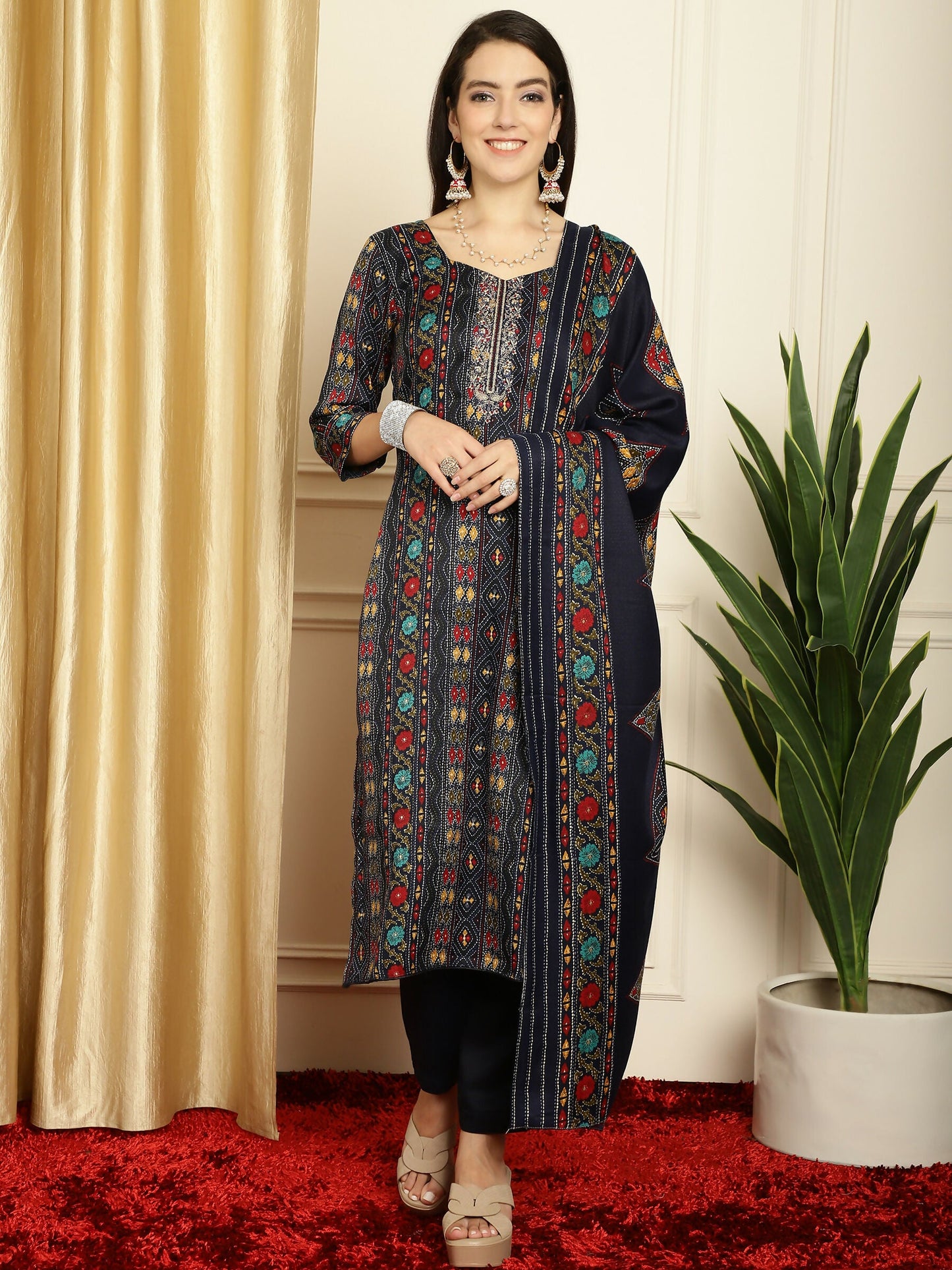 Jyoti Fashion Women's Navy Blue Pashmina Floral Digital Printed Kurta with Trouser & Dupatta | Swadesiicart