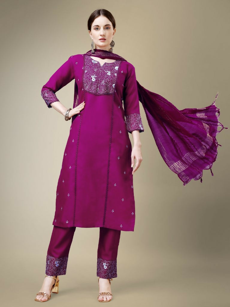 Jyoti Fashion Women's Purple Cotton Blend Embroidery & Fancy Lace work Kurta with Trouser & Dupatta | Swadesiicart