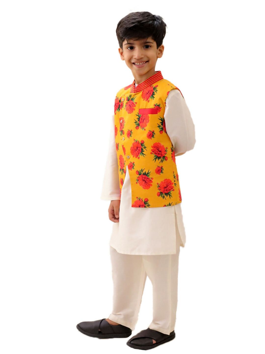 Lil Drama Genda Phool White Kurta and Pant with Mustard Jacket Set for Boys | Swadesiicart