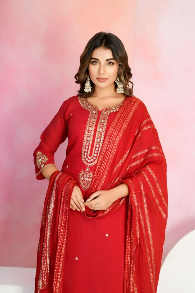 Ethnic Festive Wear Viscose Chanderi Red Stitched Suit With Dupatta - Tanisha | Swadesiicart