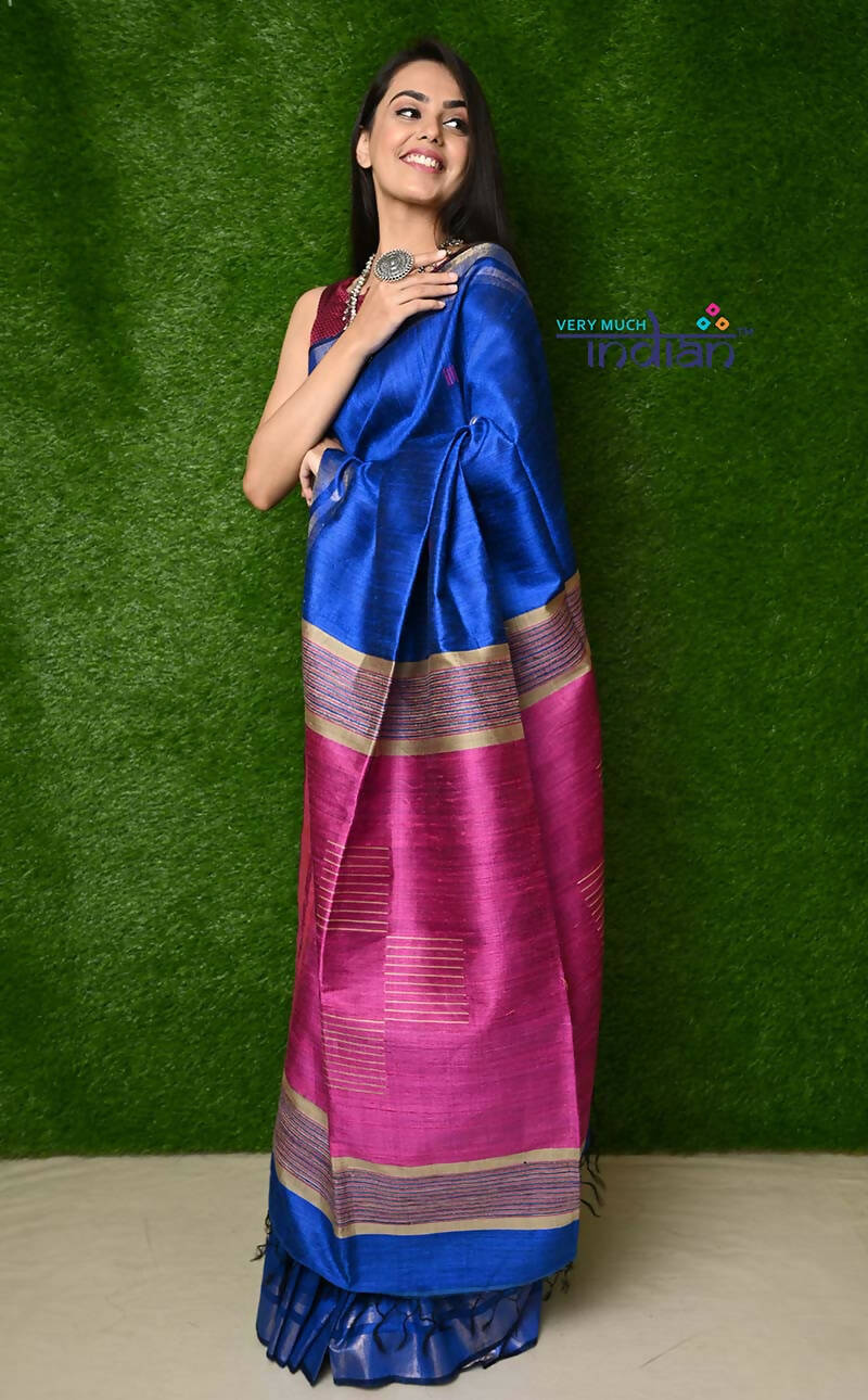 Very Much Indian Handwoven Raw Silk Dupion Saree - Cobalt Blue With Purple Pallu | Swadesiicart