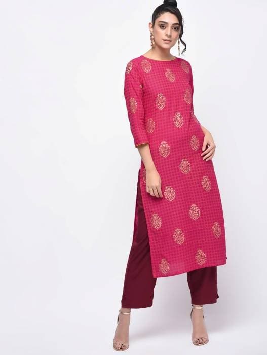 Aniyah Cotton Block Printed Pink Color Straight Kurta (AN-136K) - Swadesiicart
