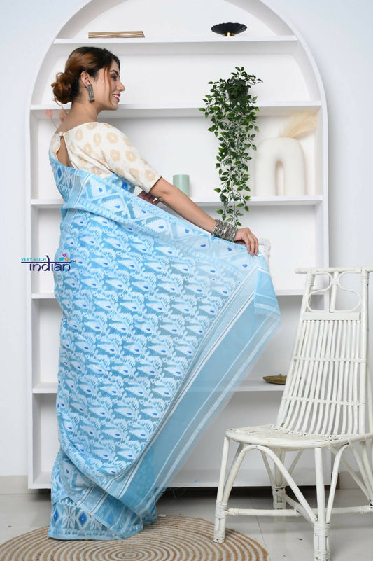 Very Much Indian Jamdhani Cotton Saree - Powder Blue | Swadesiicart