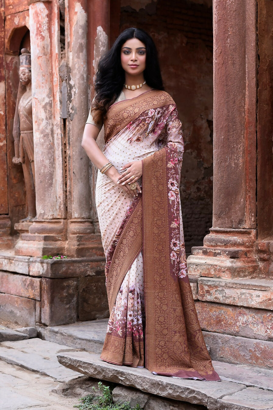 Joban Fashion Ivory And Dusty Rose Crepe Chiffon Pure Handloom Banarasi Silk Saree | Swadesiicart