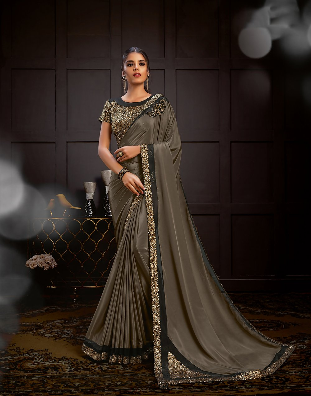 Dark Cream Satin Georgetteresham , Cord And Sequins Embroidery, Frill Details Saree - Norita Hit - Swadesiicart