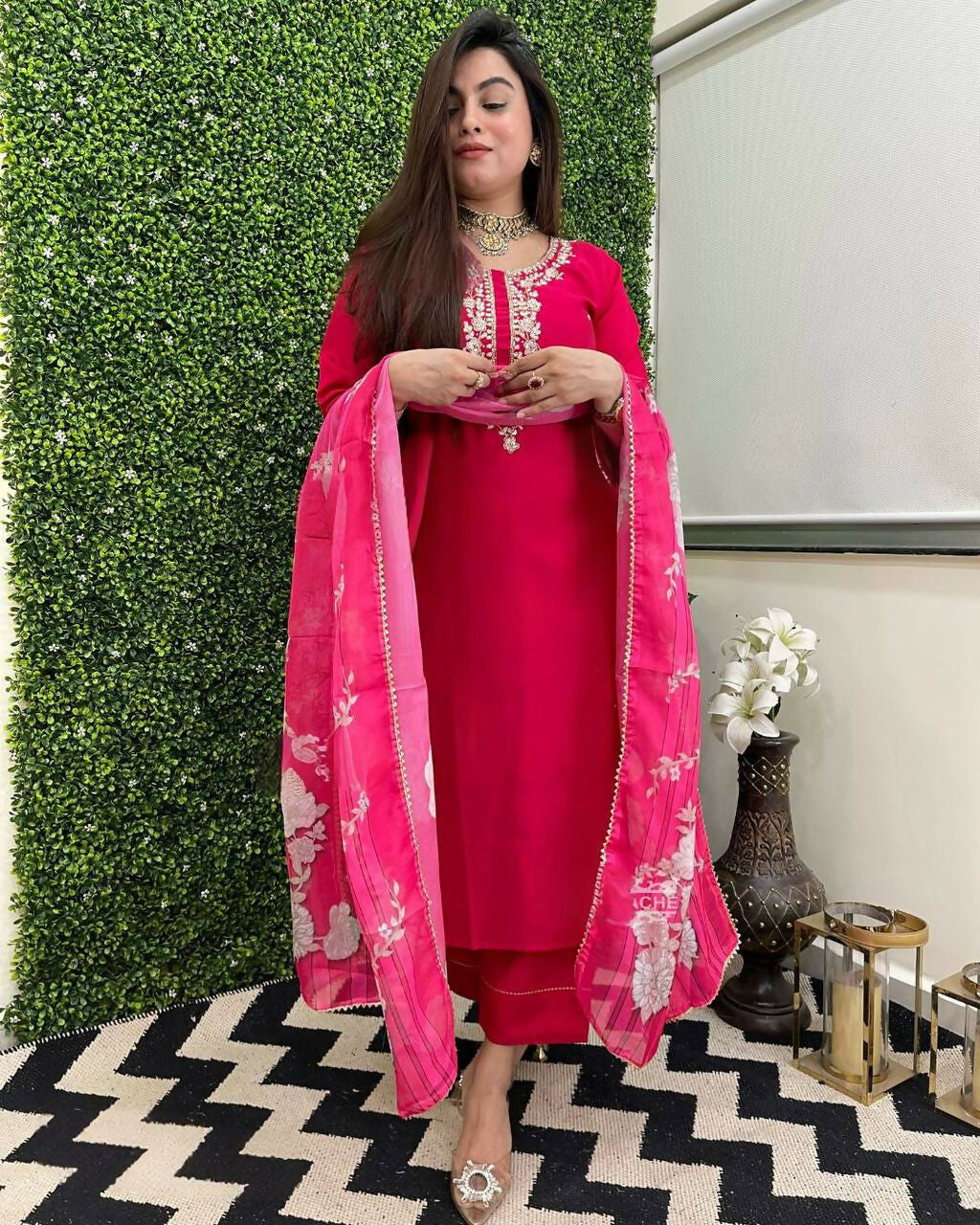 The52 Rani Women's Beautiful Viscose Chanderi Fabric Embroidered Work Straight Kurta Pant and Dupatta Set - Swadesiicart