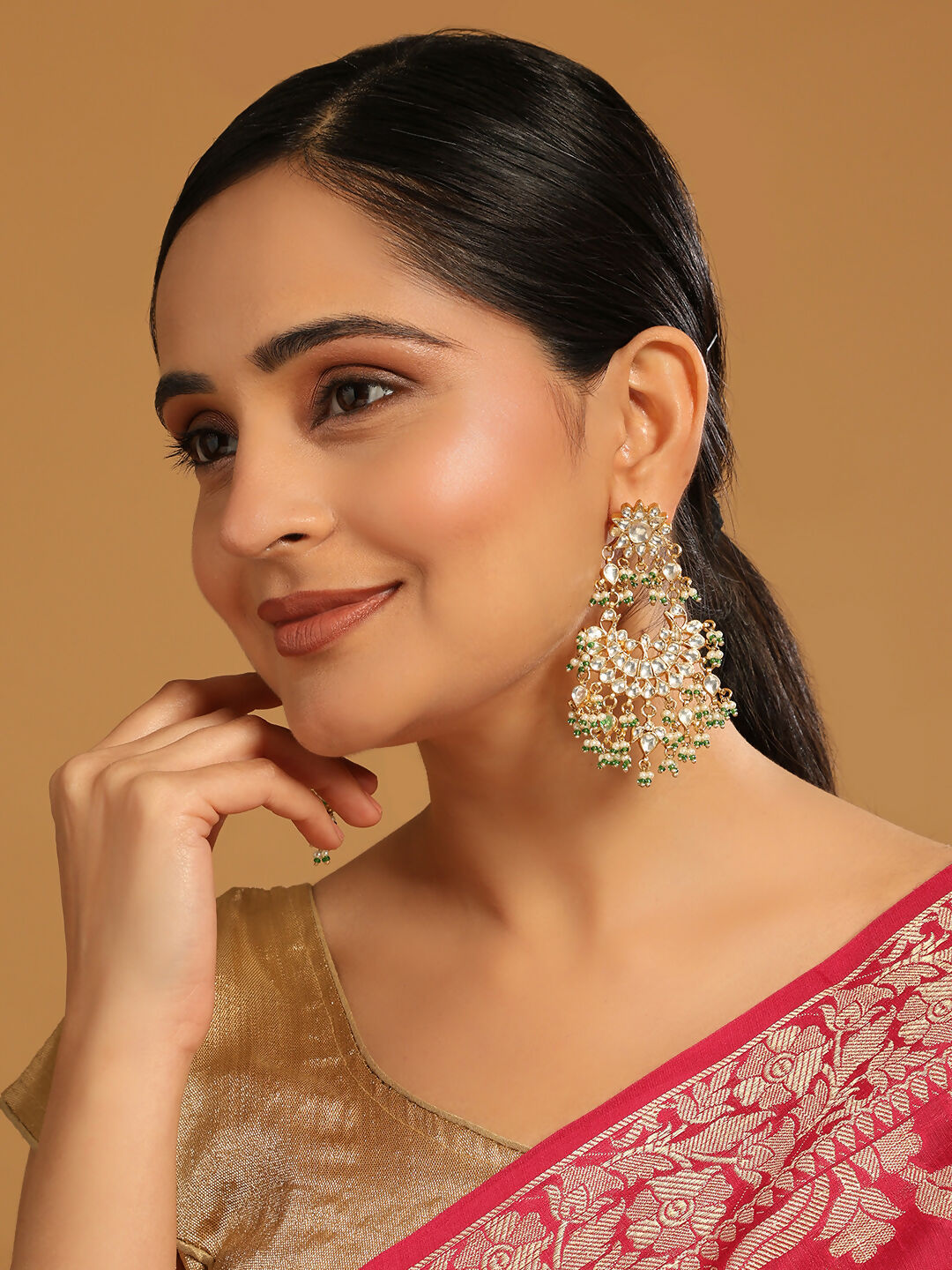 Nuyug 22K Gold-Plated Kundan & Pearl Studded Crescent Shaped Green Beads Chandbalis | Swadesiicart
