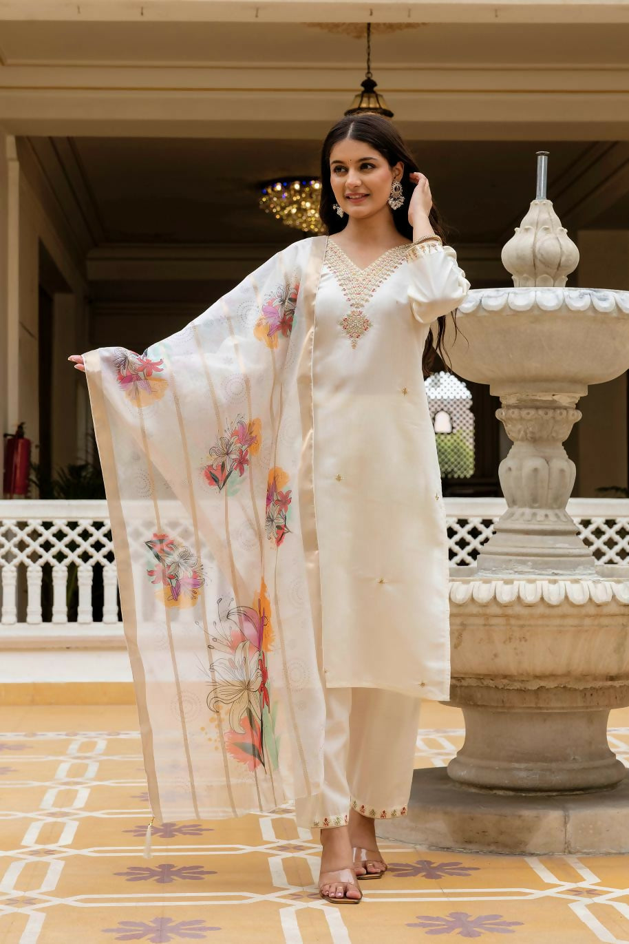 The52 White Women's Beautiful Viscose Chanderi Fabric Embroidered Work Straight Kurta Pant and Dupatta Set - Swadesiicart