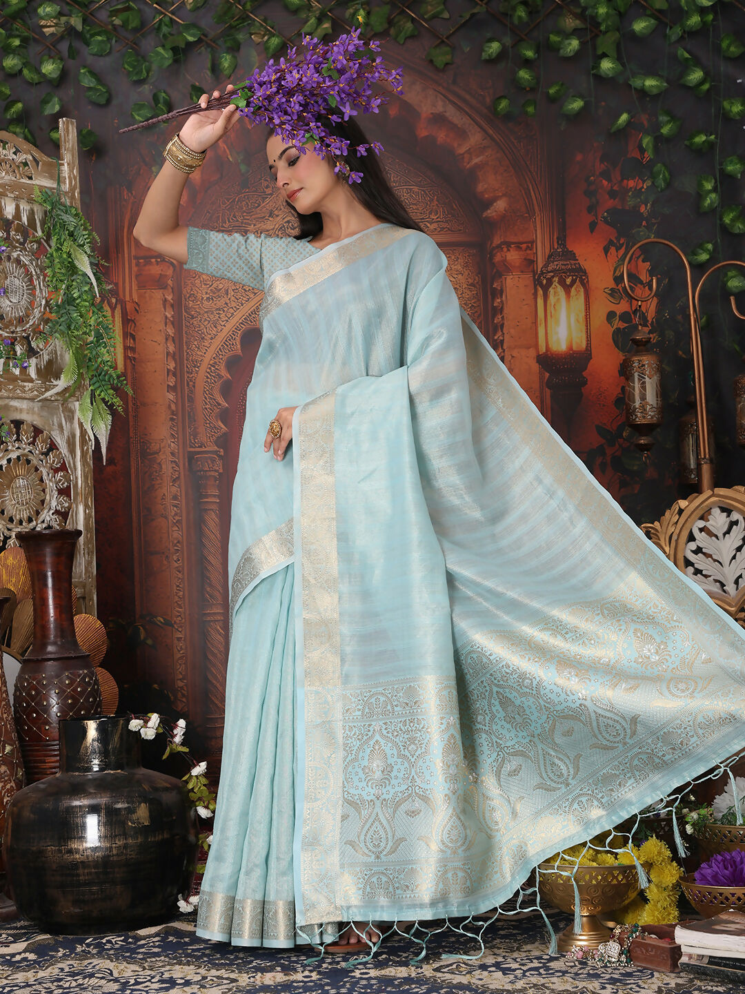 Shree Shyam Fashion Organza Sky Blue Saree