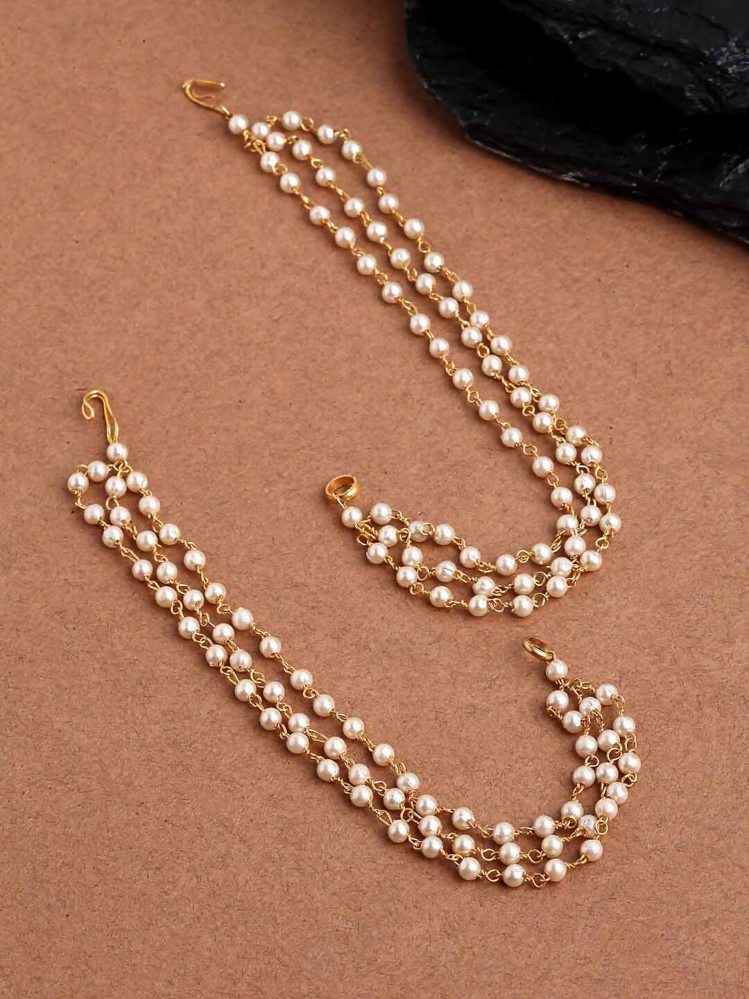 NVR Pearl Studded Classic Gold-Polished 3 Line Ear Chain Ear Cuff | Swadesiicart