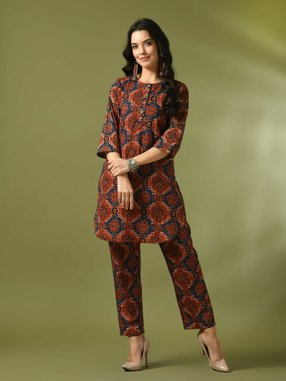 Myshka Women's Multi Printed Cotton Round Neck Party Tunic With Trousers Co-ord set - Swadesiicart