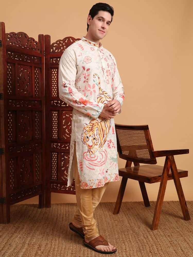 Off White Cotton Printed Chikankari Embroidery Work Kurta - Mahotsav | Swadesiicart