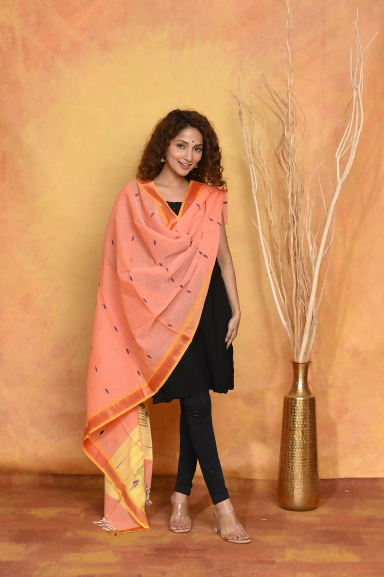 Very Much Indian Handloom Pure Cotton Paithani Dupatta Orange | Swadesiicart