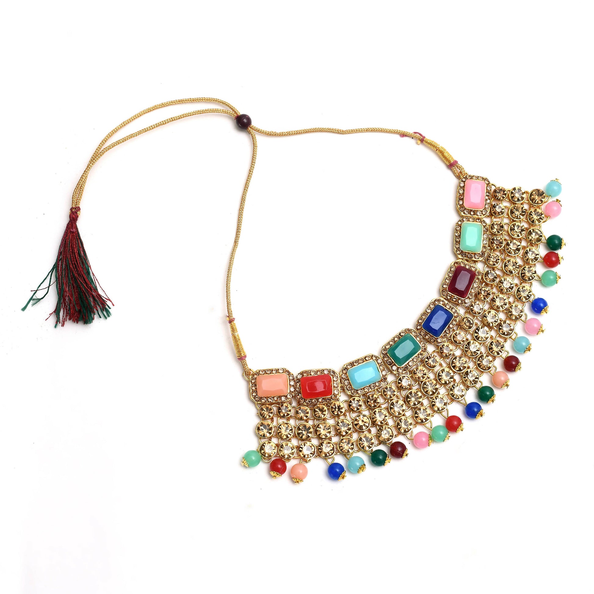 Mominos Fashion Johar Kamal Gold-Polished Rajwadi Design Heavy Multi Color Necklace Set For Women - Swadesiicart