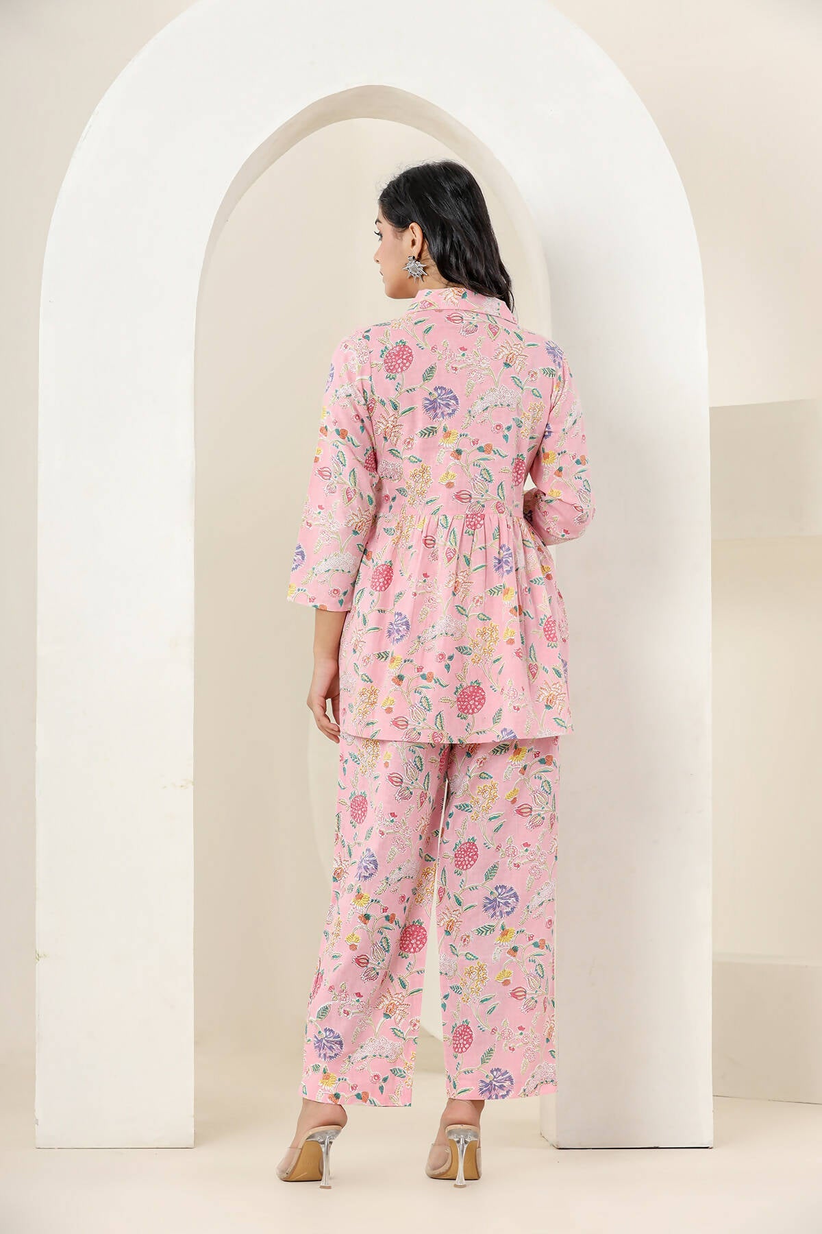 Kaajh Women's Baby Pink Printed Cotton Co-ord Set - Swadesiicart