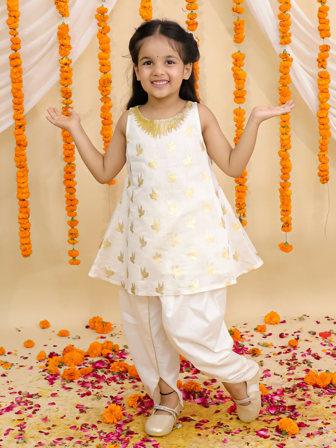 Lil Drama Mishti Off White Kurta and Dhoti Set For Girls | Swadesiicart