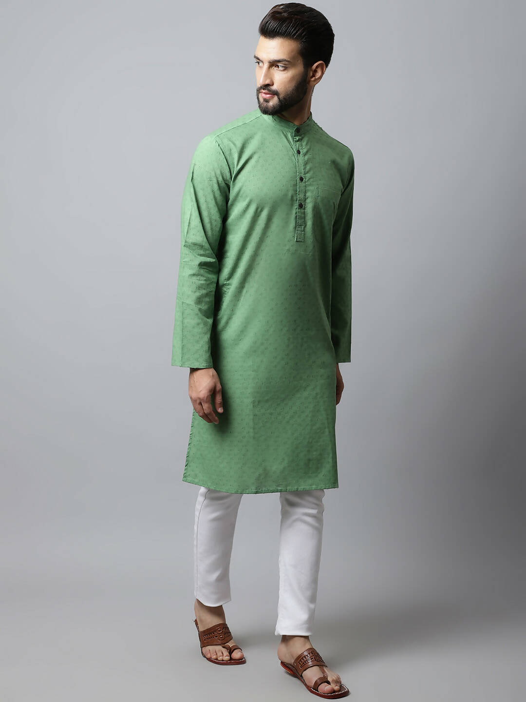 Even Apparels Green Color Pure Cotton Men's Kurta With Band Collar (SLD073) | Swadesiicart