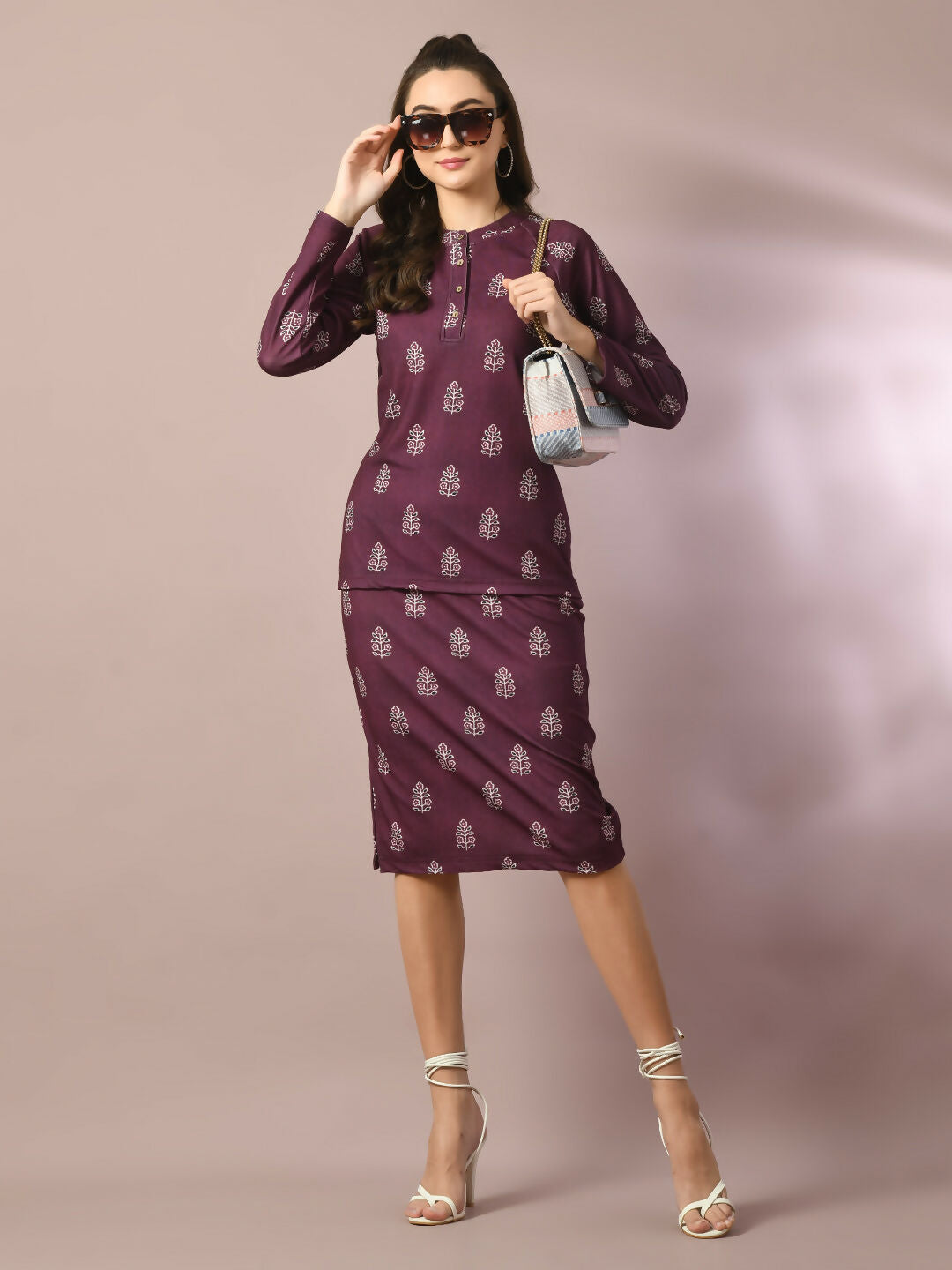 Myshka Women's Magenta Printed Round Neck Party Top With Skirt Co-ord set - Swadesiicart