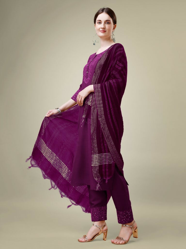 Jyoti Fashion Women's Purple Cotton Blend Embroidery & Sequence work Kurta with Trouser & Dupatta | Swadesiicart