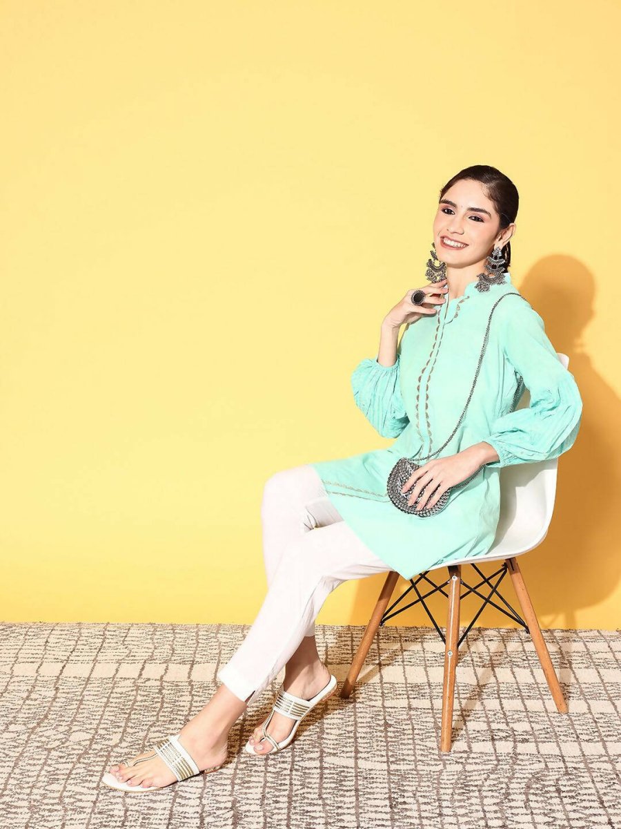 Ahalyaa Women Mint Green Pure Cotton Silver Print Tunic | Swadesiicart
