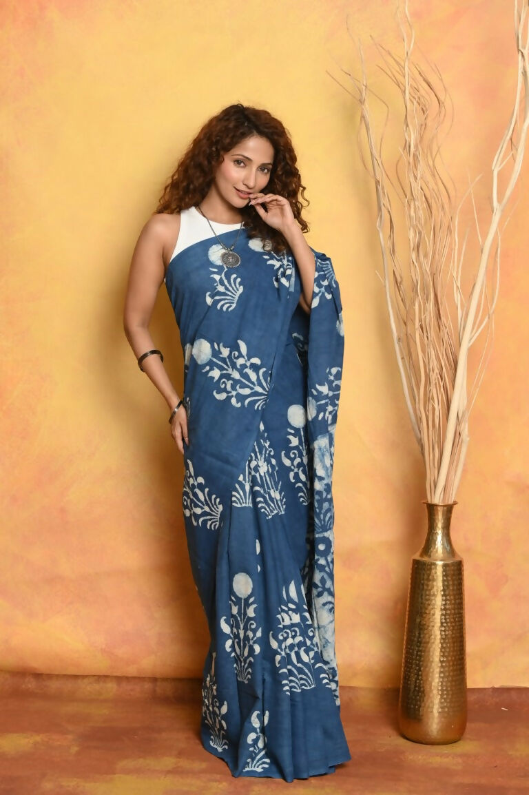 Very Much Indian Handblock Printed Cotton Saree With Natural Dyes - Cerulean Blue | Swadesiicart