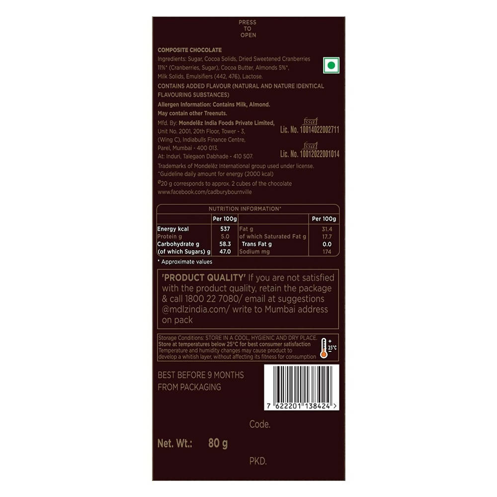 Cadbury Bournville Cranberry Dark Chocolate Bar - Swadesiicart