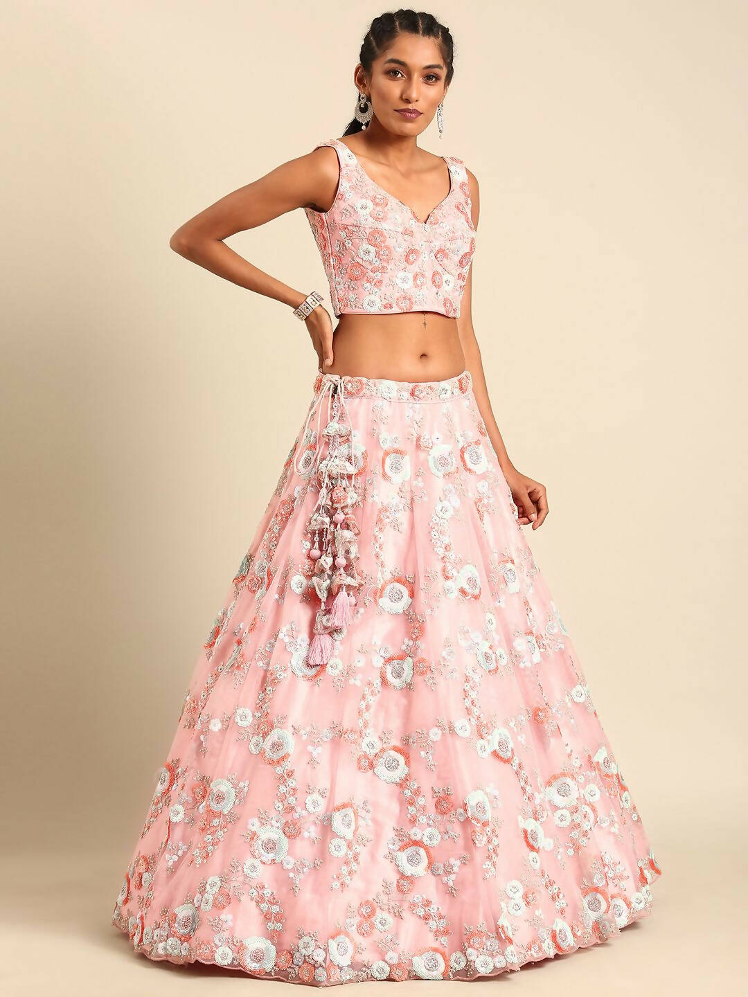 House of Panchhi Pink Net Sequins and Zarkan embroidery Lehenga choli & Dupatta | Swadesiicart
