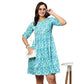Blue & White Ethnic Motifs Printed Cotton A-Line Dress - Poonam